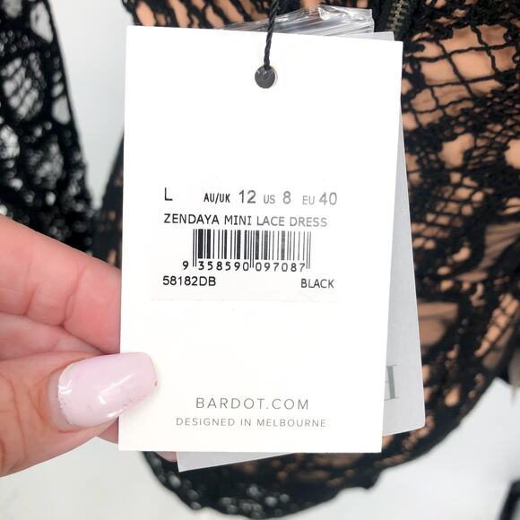 BARDOT Women's Zendaya Mini Lace Dress US 8 Large Black Nude Off Shoulder NWT - Picture 9 of 12